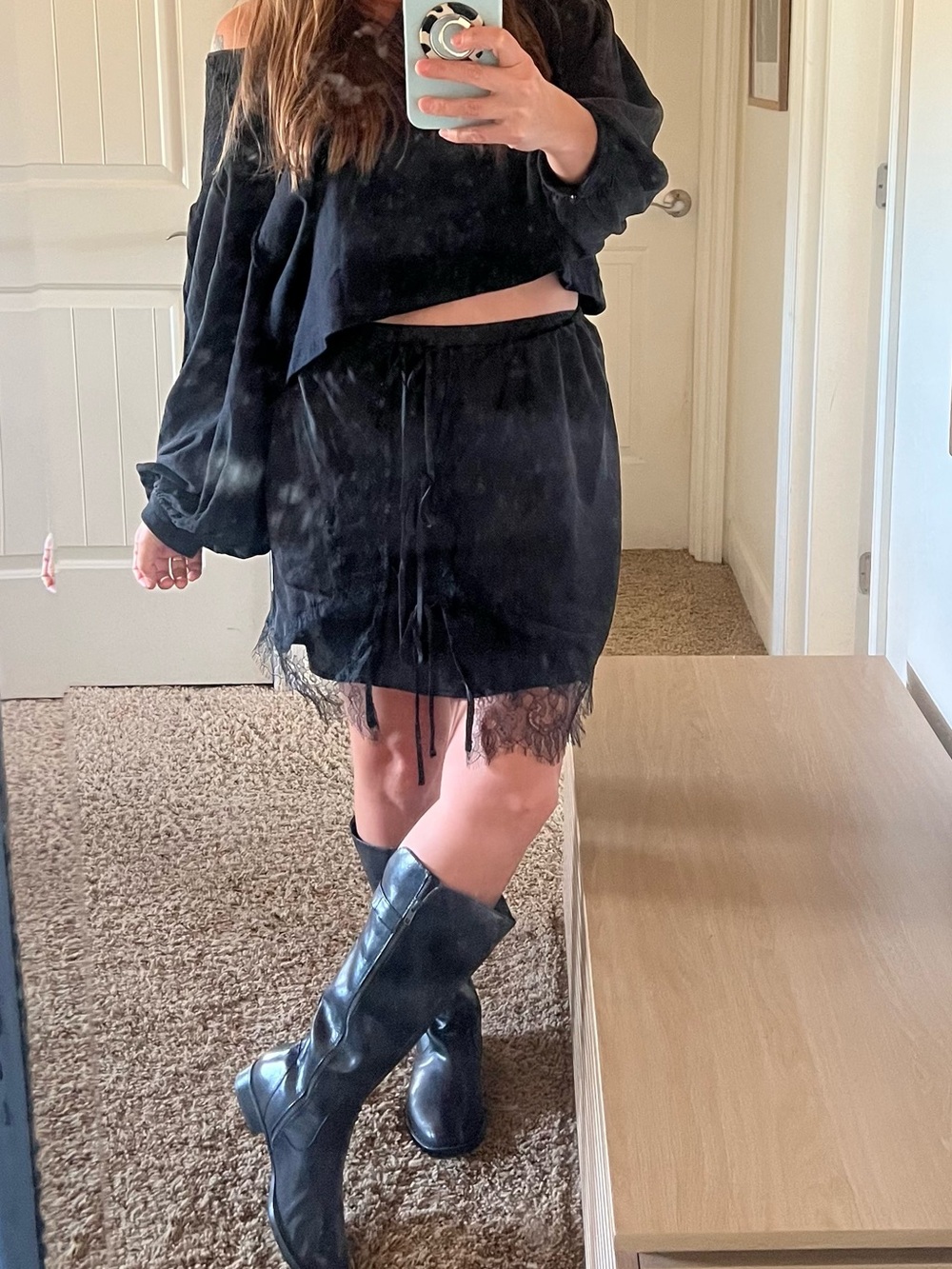 Free People Black Satin Mini Skirt with Lace Trim Large